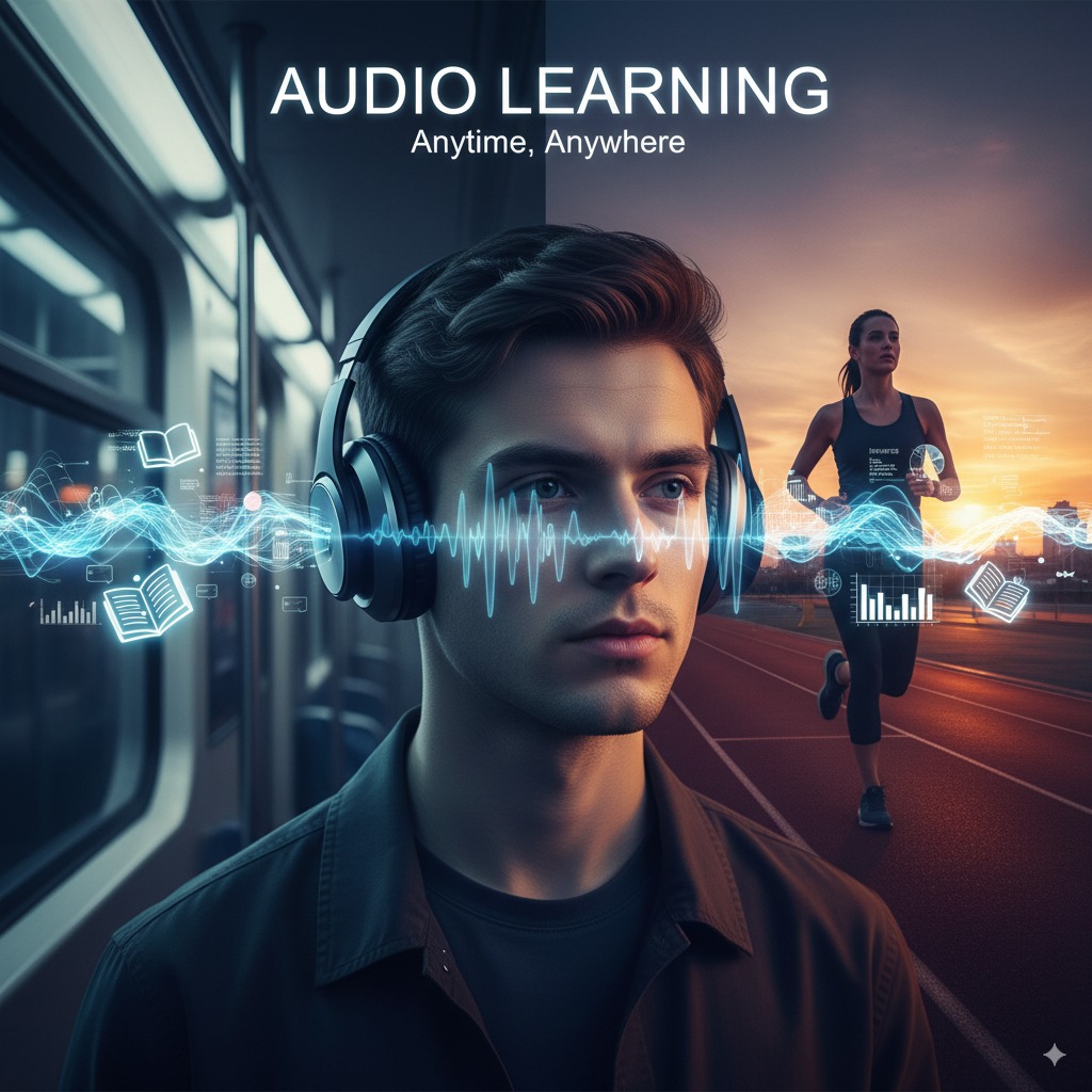 A conceptual image showing a student using an audio learning study hack to listen to lectures anytime, anywhere.