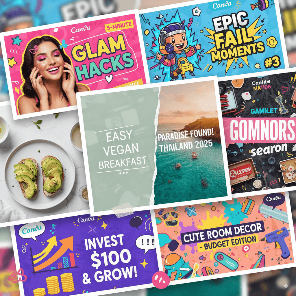 A collage of vibrant YouTube thumbnails created with Canva