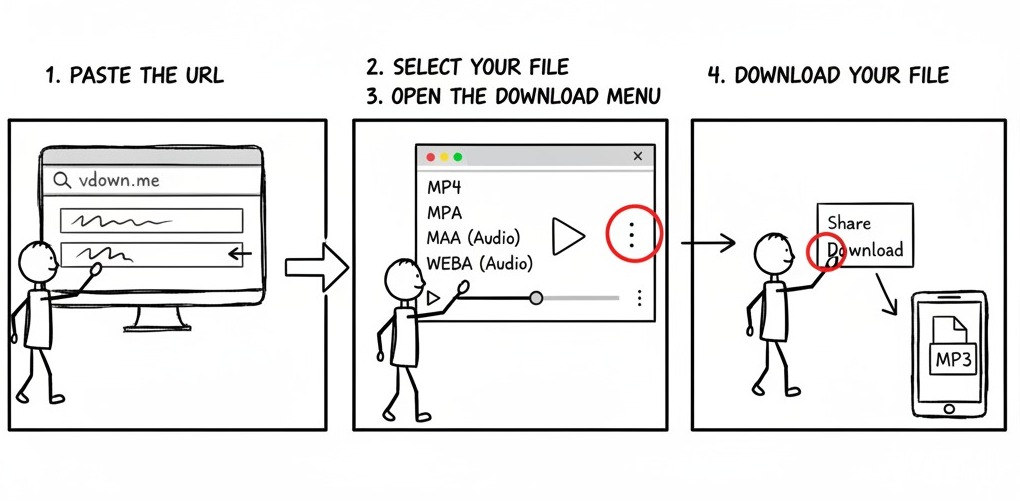 A guide showing the steps to convert a YouTube video to MP3 using VDown.me