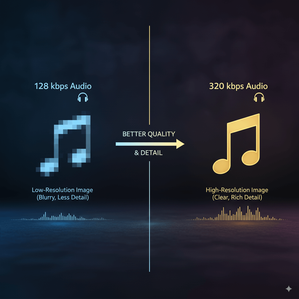A simple infographic comparing a low-resolution, pixelated image to a high-resolution, clear image. Use text to equate this visual difference to 128kbps vs. 320kbps audio quality.