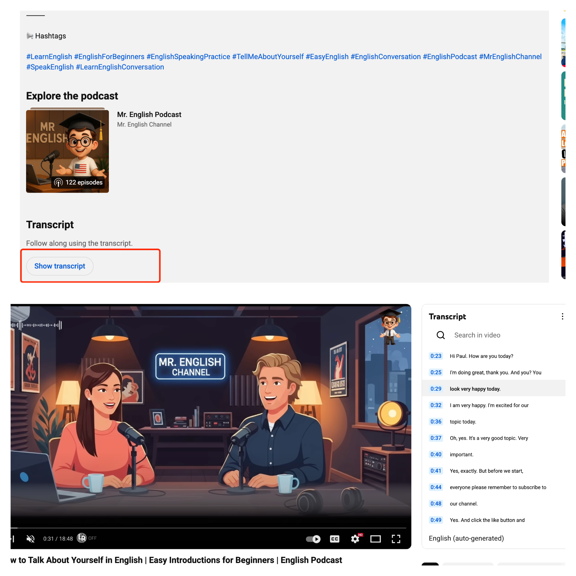A screenshot showing where to find the "Show transcript" button on YouTube
