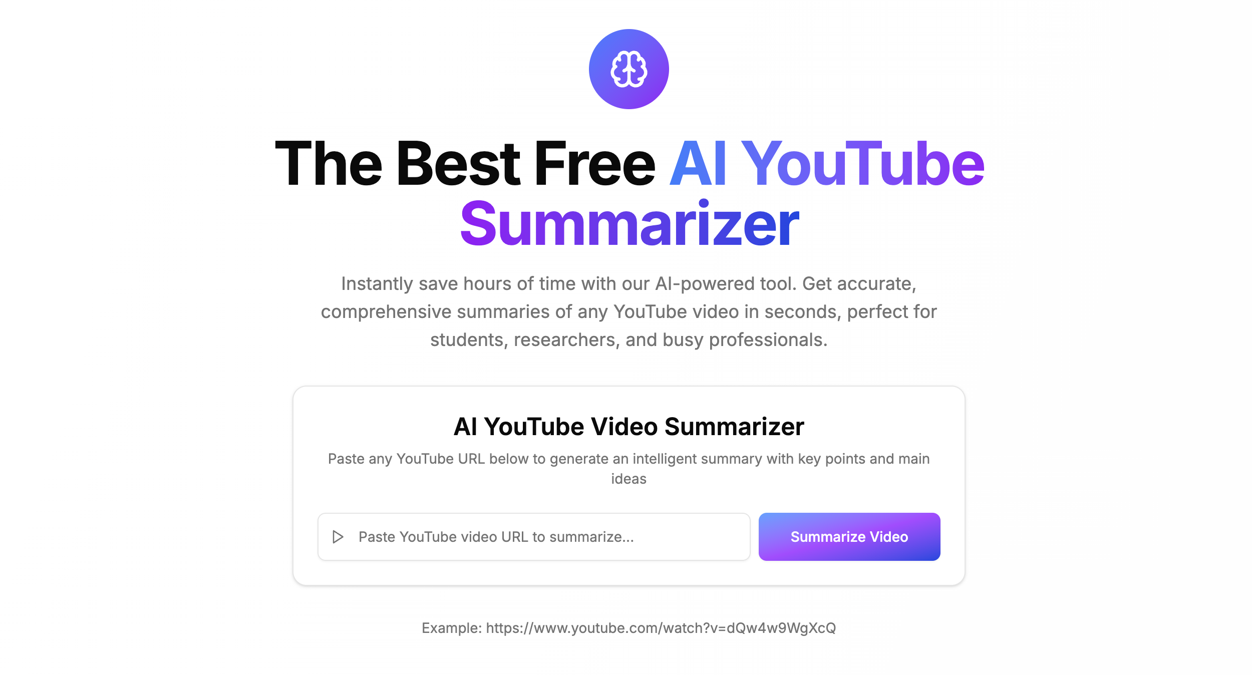 A screenshot showing the AI video summarizer's interface with a YouTube URL field and a 'Summarize Video' button.