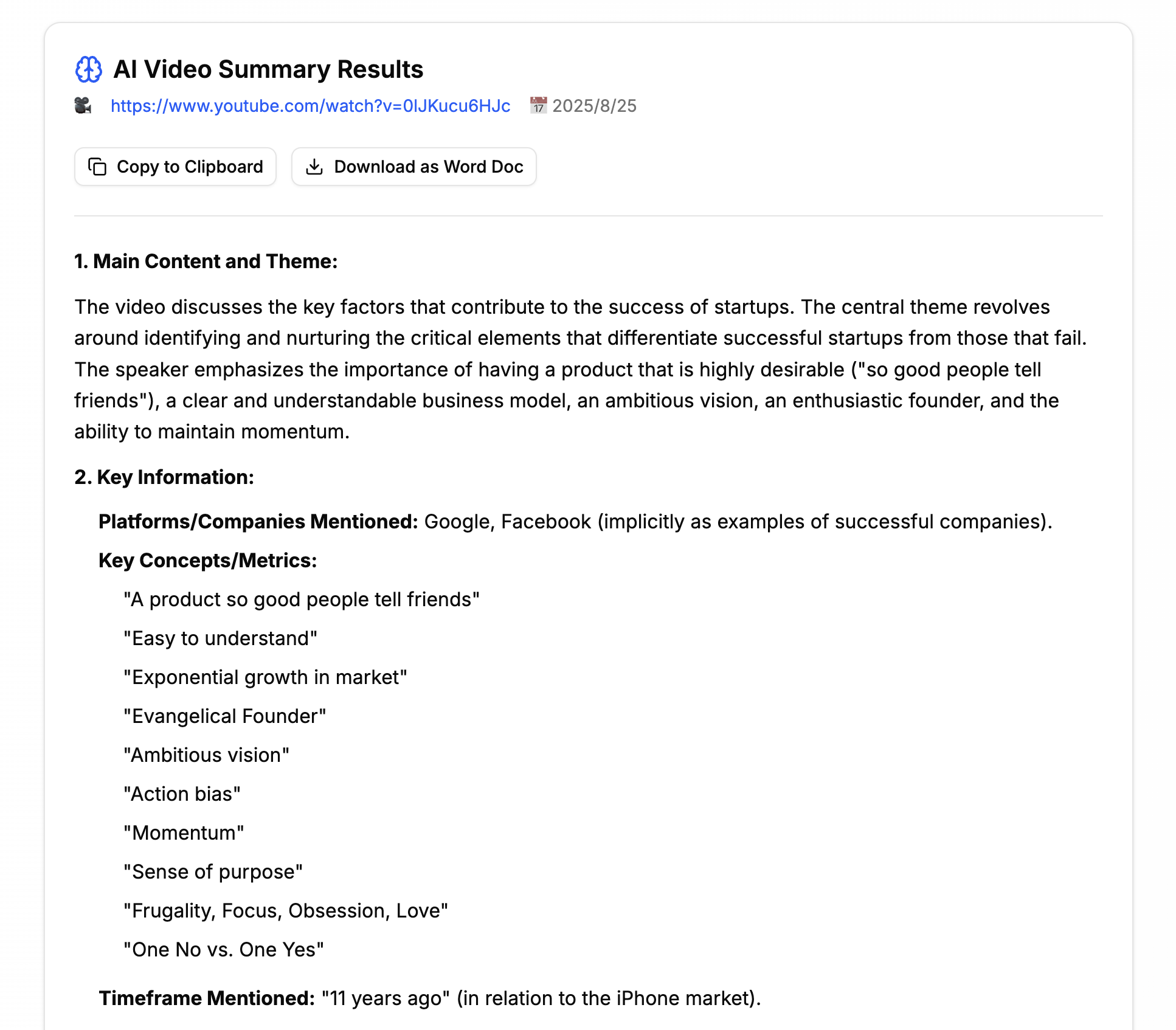 A screenshot showing the output of the AI summarizer. The summary is titled "AI Video Summary Results" and has sections for "Main Content and Theme" and "Key Information," which includes "Platforms/Sources" and "Numbers."